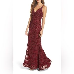 XSCAPE Flocked Velvet Mesh Formal Evening Gown Mermaid Dress Wine Red Sz 8 $258